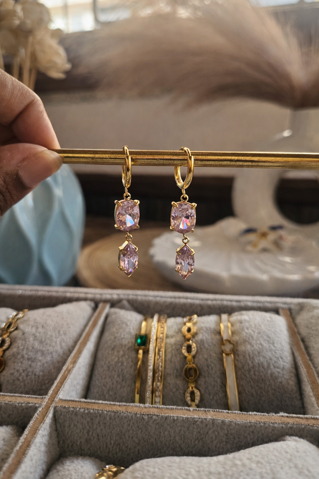 Blush Crystal Drop Hoop Earrings